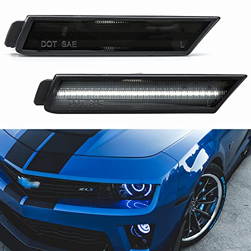 NSLUMO LED Side Marker Lights Replacement for Chevy Camaro 2010-2015 Euro Smoked Lens Xenon White Led Front Clearance Parking Marker Light Assembly Replace OEM Sidemarker Lamps