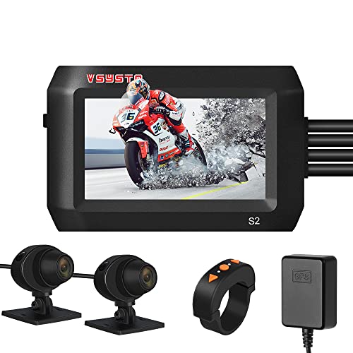 VSYSTO 3'' IPS Screen WiFi Motorcycle Dash Cam, GPS, Parking Monitoring, Timed Recording After Flameout, Full Body Waterproof Night Vision HD 1080P Front and Rear Camera Driving Recorder (Black-3Inch)