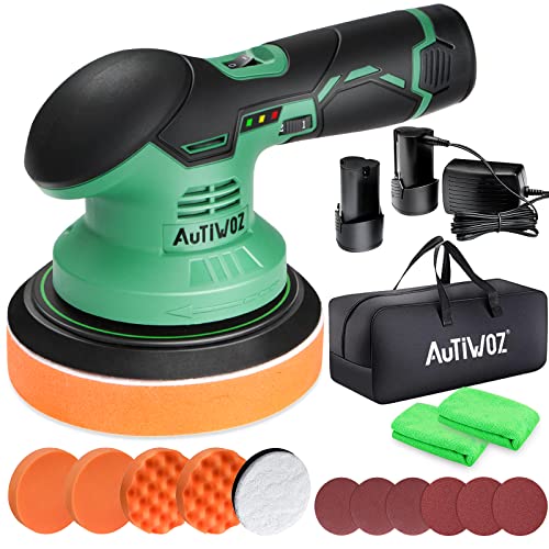 AUTIWOZ Cordless Polisher for Car Detailing, Buffer da Polisher with 2 pcs 12V 2.0Ah Lithium Battery and Fast Charger, 6 Variable Speed, Perfect for Scratch Repairing/Polishing,Green