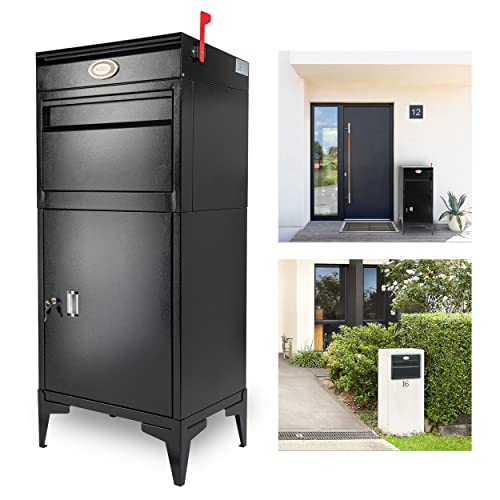 Pochar Large Package Delivery Boxes for Outside, Extra Large Mailbox for Parcel, Alloy Steel Post Mailbox, Wall Mounted Lockable Anti-Theft for Porch, Curbside | 14.25" D x 20.5" L x 47.5" H, Black