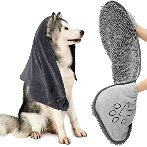 HOMEIDEAS 2 Pack Dog Towels Set-Chenille Shammy Towel and Microfiber Dog Towels for Drying Dogs, Super Absorbent Dog Bath Towel with Hand Pockets, Soft Pet Drying Towel for Dogs, Cats, and Other Pets