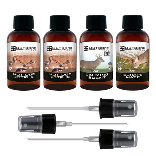 Outdoor Hunting Lab Deer Estrus, Scrape, Calming Deer Hunting Scent Pack - Buck Attractants for Whitetail Deer - Doe Pee Rut Scent Buck Lure - Use in Mock Scrapes, Drags, and Drippers - 4 Pack