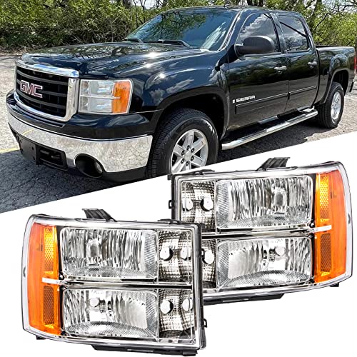 Headlight Assembly compatible with 07-13 GMC Sierra 1500, 07-14 GMC Sierra 2500HD 3500HD Chrome Housing with Amber Reflector,Headlamp Replacement Left and Right