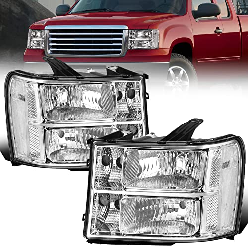 MOSTPLUS Headlight Assembly Compatible with 2007-2013 GMC Sierra 1500 2500HD 3500HD Front Lamp with Chrome Housing/Clear Lens/Clear Reflector