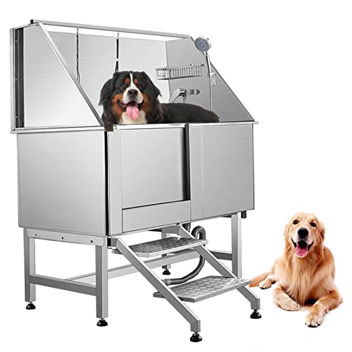 WSSEY Dog Grooming Tub 50'' Dog Bathtub XLarge Pet Bathing Tub Stainless Steel Dog Wash Station for Large Dogs Home Commercial with Floor Grate, Faucet, Sliding Door