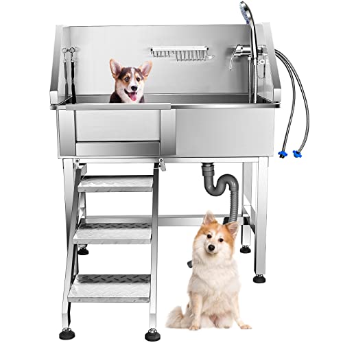 ARTYUIO 34'' Pet Grooming Tub Dog Washing Station for Small Dogs Pet Bathtub Stainless Steel Dog Bathing Tub Wash Sink Shower Station with Retrackable Stairs, Sliding Door,Home Commercial
