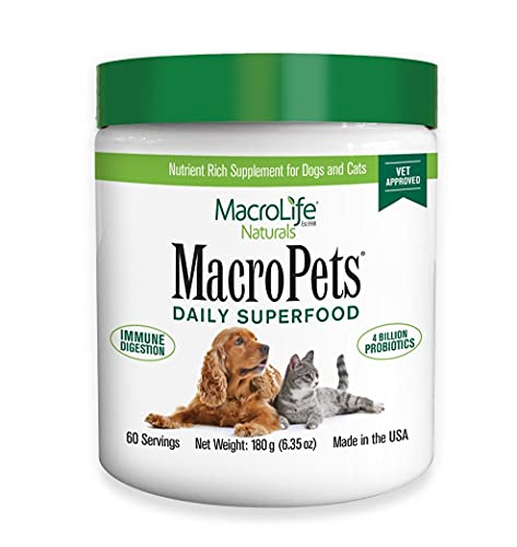 MacroLife Naturals MacroPets Greens Superfood Supplement Powder for Dog Cat Small Mammal, Natural Nutrition Boost Probiotics Digestive Enzymes Vitamin E - Immune Gut Health & Energy - 6.35oz