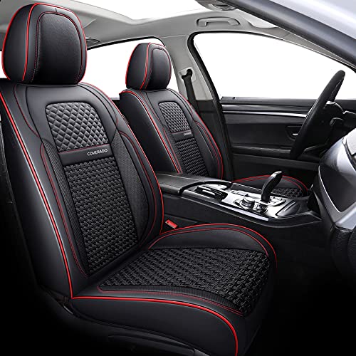 Coverado Seat Covers Full Set, 5 Seats Universal Seat Covers for Cars, Super Breathable Faux Leather Car Seat Cushions, Waterproof Auto Interiors, Fit Most Vehicles, Sedans and SUVs, Black&Red Trim