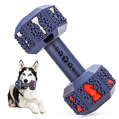 NEOROD Durable Dog Chew Toys for Aggressive Chewer. Indestructible Interactive Dental Toys for Training and Cleaning Teeth. Natural Rubber Bacon Flavored Dumbbell Dispensing Toy for Large Medium Dogs
