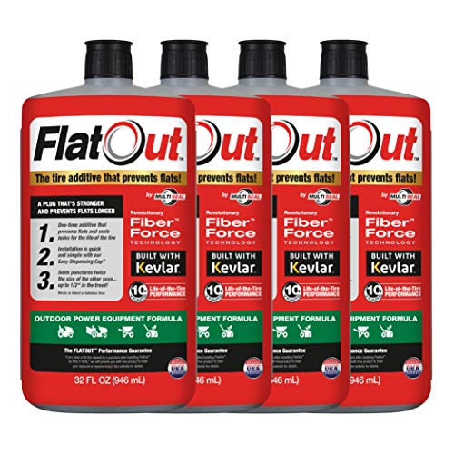 FlatOut Tire Sealant Outdoor Power Equipment Formula - Prevent Flat Tires, Seal Leaks, Contains Kevlar, 32-Ounce Bottle, 4-Pack