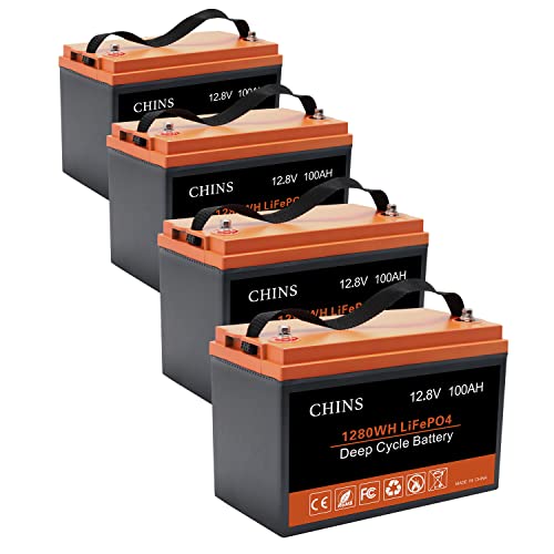 CHINS 4 Pack LiFePO4 Battery 12V 100AH Lithium Battery - Built-in 100A BMS, Perfect for Replacing Most of Backup Power, Home Energy Storage and Off-Grid etc.