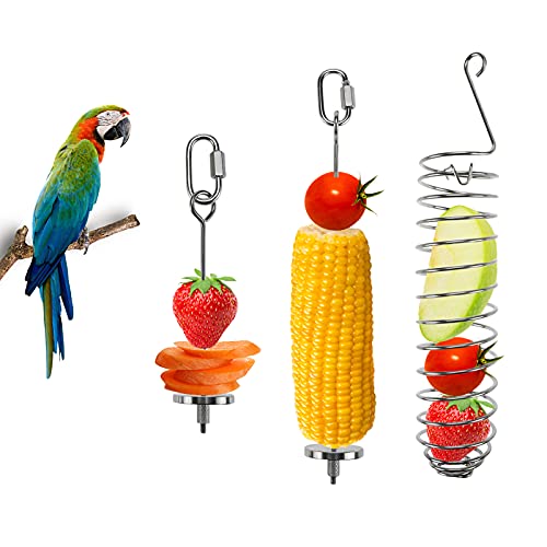 Patioer 3 Pieces Bird Food Holder Stainless Steel Parrot Hanging Vegetable Fruit Feeder Bird Treat Skewer Include 2 Pieces Small and Large Fruit Fork and a Food Basket, Parrot Foraging Toy