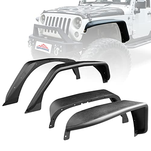 SUPERDRIVE Flat Front&Rear Tubular Fender Flares EXCL.LED Lights Mud Guards Compatible with 2007-2018 Jeep Wrangler JK&JKU 2/4 Door, 4 PCS Heavy Duty Solid Steel Textured Black Off-Road Liner Set