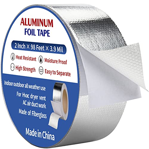 NEZUIBAN Aluminum Foil Tape,2Inch by98Feet(32.6yards) 3.9Mil Insulation Heat Resistant Tape Perfect for HVAC, Dryer Vents,Sealing & Patching Hot & Cold Air Ducts