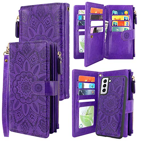 Harryshell Detachable Magnetic Zipper Wallet Leather Case Cash Pocket with 12 Card Slots Holder Wrist Strap for Samsung Galaxy S21 5G 6.2 Inch (2021) Floral Flower (Purple)