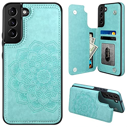 MMHUO for Samsung Galaxy S21 FE Case with Card Holder,Flower Magnetic Back Flip Case for Samsung Galaxy S21 FE Wallet Case for Women,Protective Case Phone Case for Samsung Galaxy S21 FE 5G,Mint