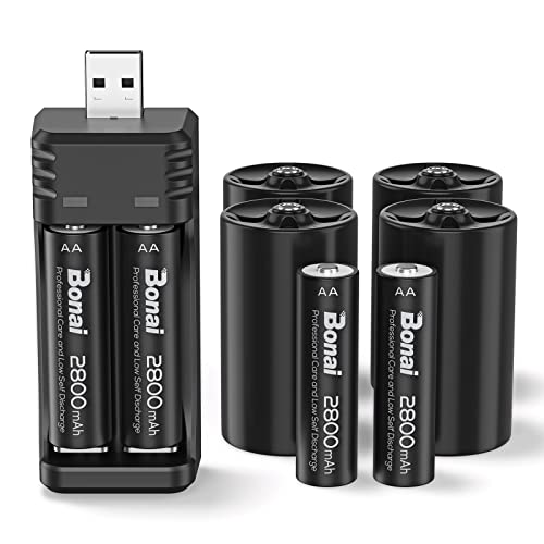 BONAI D Battery Converter with AA Rechargeable Battery Charger Set,4 Rechargeable D Batteries AA to D Battery