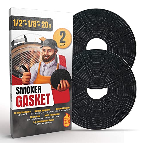 Smoker Chef XXL 20 FT Grill Gasket for Smokers - Black 1/2 x 1/8 Hi Temp Seal Smoker Gasket  2-Pack x 10 FT Self Stick Black Nomex Fire Tape for BBQ Lid  High Heat Temperature Material Replace