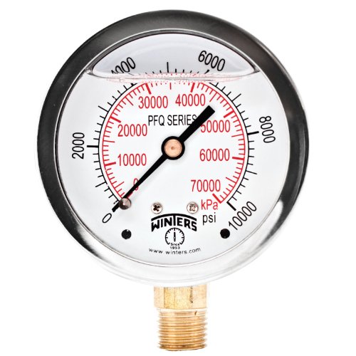 Winters 2-1/2" Dial Size, Liquid Filled Industrial Pressure Gauge, Brass Internals, Stainless Steel Case, Dual Scale 0-10,000 psi/kPa, 1.5% Acc, 1/4" NPT Bottom Mount, Glycerin Filled Pressure Gauge