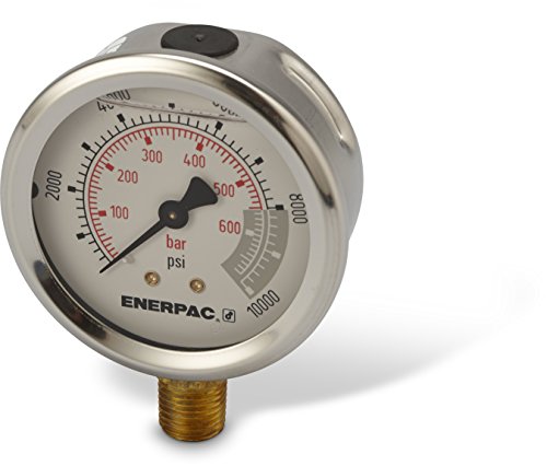 Enerpac G2535L Hydraulic Pressure Gauge with Dual 0 to 10,000 PSI and 0 to 700 Bar Range, 2-1/2"-Dia. Face, 1/4" NPTF Male, Lower-Mount Connection