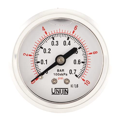 Unijin P251 Series 2" Dial, Oil Filled Pressure Gauge w/ Brass Internals, 0-10 PSI/kPa, 1.6% Accuracy, 1/8" NPT, Back Mount