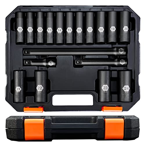 PGROUP 18-Piece 1/2" Drive Deep Impact Socket Set, Standard 6 Point Metric Sizes (10mm - 24mm), Cr-V Steel, with 3", 5", and 10" Impact Extension Bars and Heavy Duty Storage Case