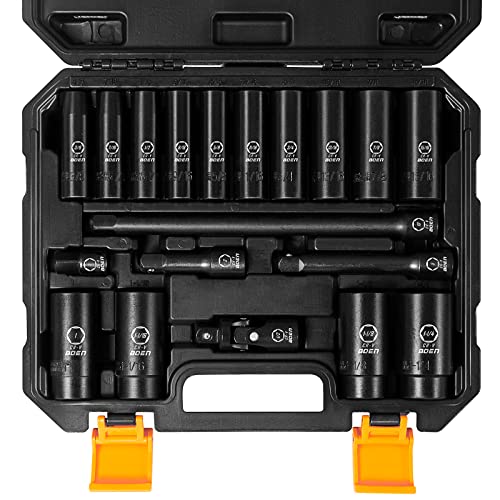 BOEN 1/2" Drive SAE Deep Impact Socket Set, 19 Piece Cr-V Steel Socket Set SAE Size 3/8" to 1-1/4", Includes Extension Bars, Universal Joint and Adapter, 6 Point Design, Meets ANSI Standards
