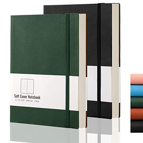 AHGXG Dotted Bullet Grid Journal 2 Pack - A5 Dot Grid Notebook Softcover, Medium 5.75''  8.38'', 320 Numbered Pages, 120gsm Thick Dotted Paper, Soft Leather Cover (Black Green)