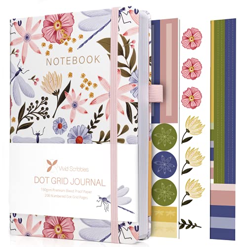 VIVID SCRIBBLES Dotted Journal  160gsm No Bleed Thick White Paper  200 Numbered Dot Grid Pages  a5 Dotted Bullet Notebooks Includes a Gift Box and Journal Stickers