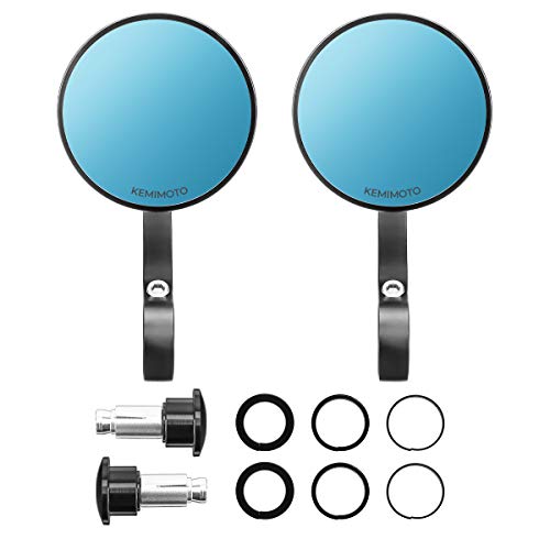 Kemimoto Motorcycle Handlebar Bar End Mirrors, Rearview Mirror Blue Lense Anti Glare Universal 7/8" Handle Round Compatible with Most Motorcycle, E-bike, Scooters, ATV, UTV