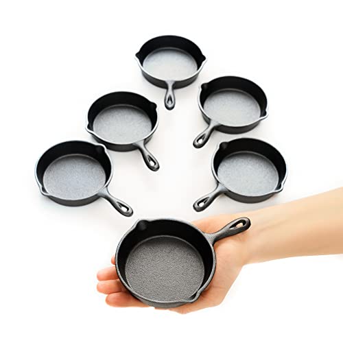 KUHA Mini Cast Iron Skillets 4 - 6-Pack of Pre-Seasoned Miniature Skillets - with 6 Small Silicone Trivets and Cast Iron Scraper