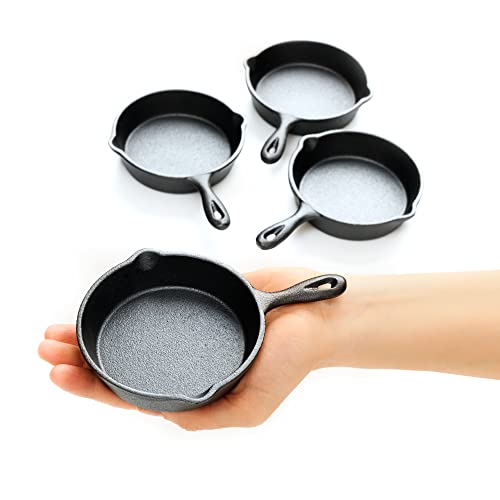 KUHA Mini Cast Iron Skillets 4 - 4-Pack of Pre-Seasoned Miniature Skillets - with 4 Small Silicone Trivets and Cast Iron Scraper