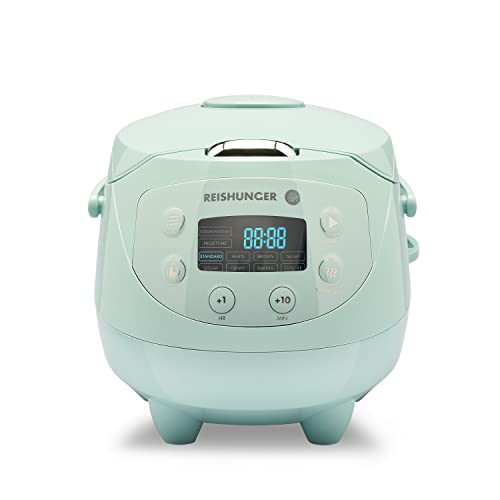 Reishunger Digital Mini Rice Cooker & Steamer, Mint with Keep-Warm Function & Timer - 3.5 Cups - Small Rice Cooker Japanese Style with Ceramic Inner Pot - 8 Programs - 1-3 People