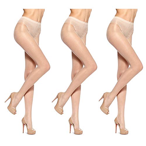 HUE Women's Toeless Sheer Tights With Lace Control Top 3 Pair Pack, Natural, 2