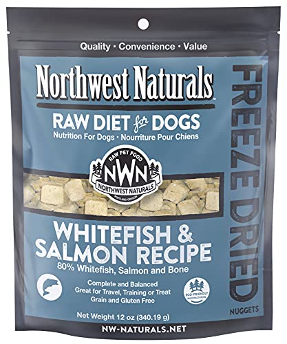 Northwest Naturals Freeze Dried Raw Diet for Dogs Freeze Dried Nuggets Dog Food  Whitefish and Salmon  Grain-Free, Gluten-Free Pet Food, Dog Training Treats  12 Oz.