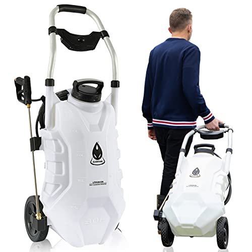 ALIENTABI Battery Powered Sprayer with Cart 8 Gallon, Self-Cleaning Garden Sprayer with 4.9Ah Lithium Battery, Heavy Duty Sprayer for Weeding, Cleaning, No Gear Limit, Variable Pressure