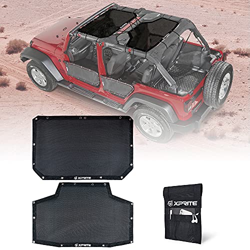 Xprite 2 PCS Sunshade Compatible with Jeep Wrangler JK JKU 2007-2018, Front and Rear Mesh 4 Door Top Sun Shade Cover, Soft Sun Shade Blocks UV with Extra Storage Bag, Black