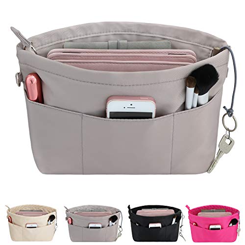 HyFanStr Purse Organizer Insert with Zipped Top for Tote Bag, Handbag Shaper with 13 Pockets, Grey XS