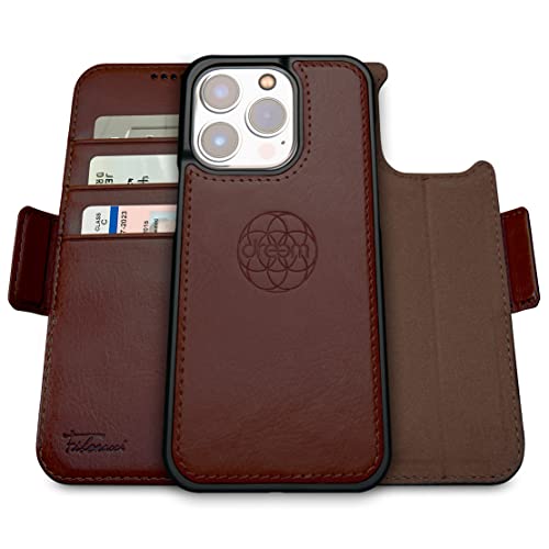Dreem Fibonacci 2-in-1 Wallet Case for Apple iPhone 14 Pro - Luxury Vegan Leather, Magnetic Detachable Shockproof Phone Case, RFID Card Protection, Magsafe Compatible - Coffee