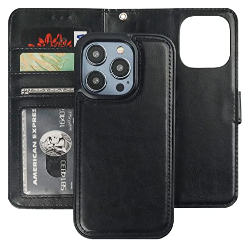 Bocasal Detachable Wallet Case for iPhone 14 Pro RFID Blocking Card Slots Holder Premium PU Leather Magnetic Kickstand Shockproof Wrist Strap Removable Flip Protective Cover 5G 6.1 inch (Black)