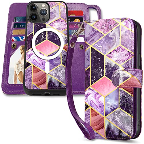 CASEOWL iPhone 14 Pro Case Wallet [Compatible with Magsafe Charger] Magnetic Detachable Flip Leather iPhone 14 Pro Wallet Case with 9 Card Holder [RFID Blocking], Strap for Women Girls, Marble Purple