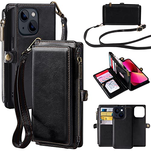 MInCYB Compatible with iPhone 14 Pro Wallet Case, Zipper Case with RFID Blocking Card Holder Slots for Women Men, Magnetic Detachable Leather Cover with Wristlet Strap for iPhone 14 Pro. Black