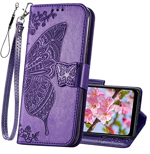 Designed for Moto G Pure Wallet Case,Women Butterfly Embossed PU Leather Protective Phone Case with Kickstand Card Holder Slots Wrist Strap Flip Cover for Motorola Moto G Pure (2021) (Purple)