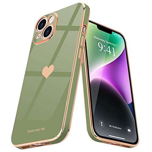 Teageo for iPhone 14 Case for Women Girl Cute Love Heart Luxury Electroplate Plating Soft Bling Back Cover Raised Full Camera Protection Bumper Silicone Shockproof Phone Case for iPhone 14, Green