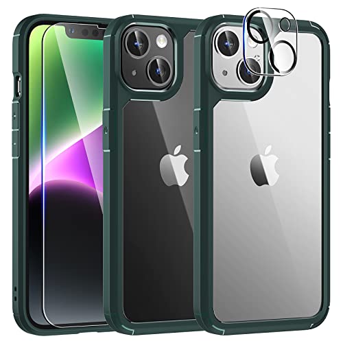 TAURI 5 in 1 Designed for iPhone 14 Case, [Not Yellowing] with 2 Screen Protector + 2 Camera Lens Protector [Military Drop Protection] Shockproof Slim Phone Case for iPhone 14 - Green