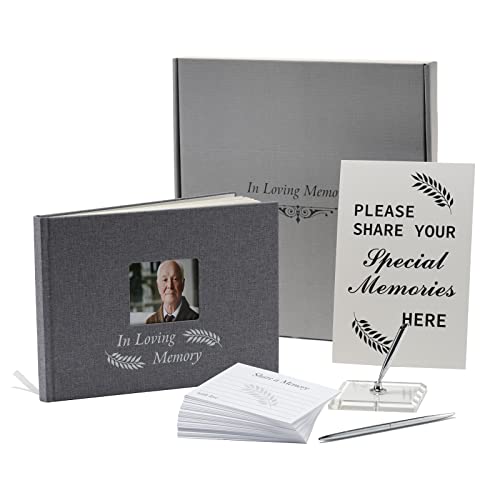 Funeral Guest Book for Memorial Service, Celebration of Life Guest Book, Grey Linen Memory Book with Picture Frame, 100x Share Memory Cards, Table Sign, Silver Ballpoint Pen with Pen Stand, 10.2 X7.6