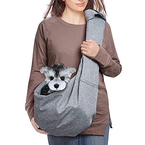 AOFOOK Dog Cat Sling Carrier Adjustable Padded Shoulder Strap with Mesh Pocket for Outdoor Travel (Grey, L - 10 to 20 lbs)