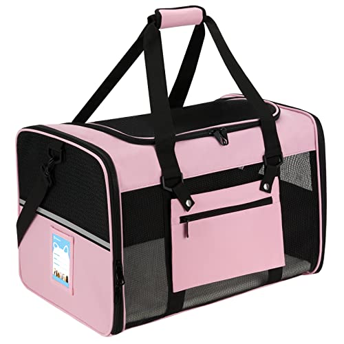 Pnimaund Large Pet Carrier, Soft Dog Carrier with Upgrade Lockable Zippers, Cat Carriers for Large Cats 20 Lbs, Pet Carrier for 2 Cats and Small Dogs Under 20 Lbs, Pink