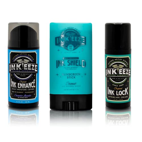 INK-EEZE Tattoo Aftercare Bundle, Ink Lock Cream + Sunscreen Stick + Sunscreen Spray, Moisturize and Protect, Cruelty Free, 50 SPF, Made in USA