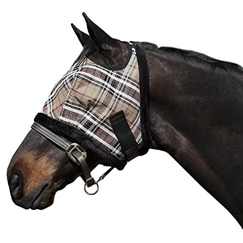 Kensington Fly Mask with Fleece Trim for Horses  Protects Face and Eyes From Flies and UV Rays While Allowing Full Visibility  Breathable and Non Heat Transferring Makes it Perfect Year Round, Large, Deluxe Black Plaid